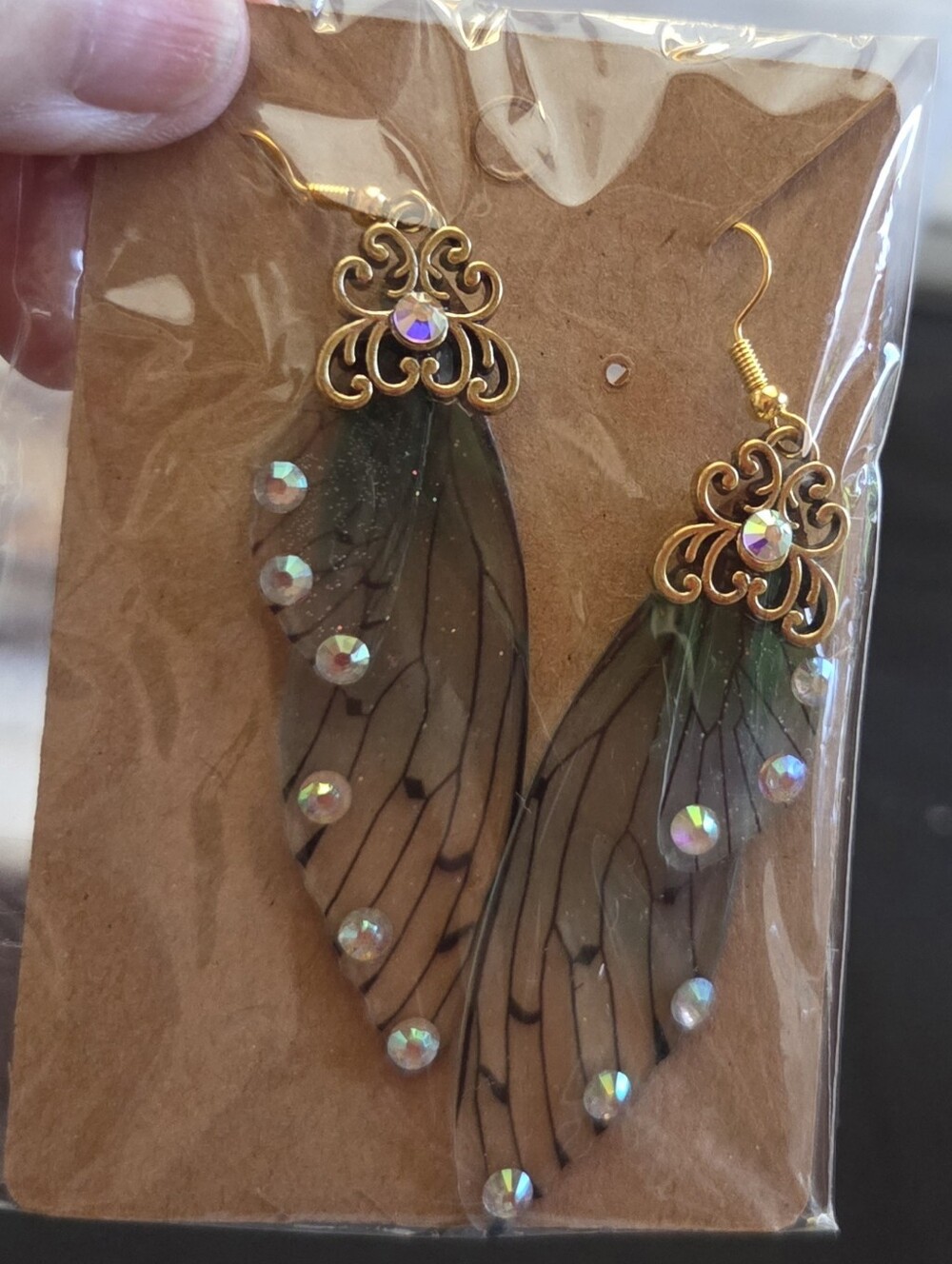 Gold and Green Fairy Wing or Butterfly Wing Earrings with Iridescent Accents